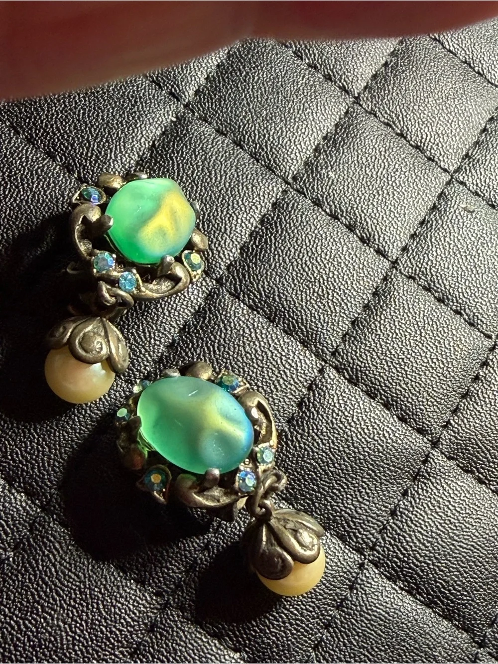 Green Glass Drop Earrings with Antique Gold Accents
